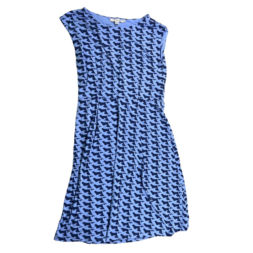 Boden Blue Houndstooth Print Dress Womens US 8 Cap‎ Sleeve Fit Flare
